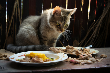 触须看着美食的猫咪背景