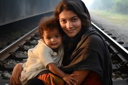 火车轨道上的母子背景图片
