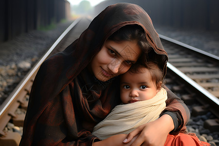 妈妈和孩子坐在火车轨道上背景图片