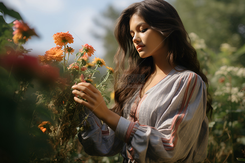 女人在采摘鲜花图片