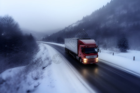雪中红卡车雪中灯光高清图片