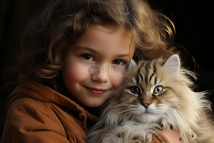 小女孩与猫咪的天真微笑图片