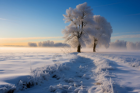 冬日雪地中相依偎的树背景