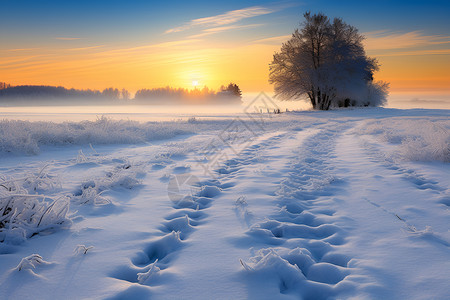 略有冻结冬日黎明下的雪地背景