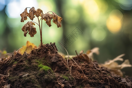 褐色的核枯木败叶间的小植物绿色苔藓背景