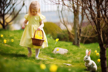 春日草地上的孩子和小兔子背景图片