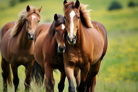 三匹马在一片花草丛中背景图片