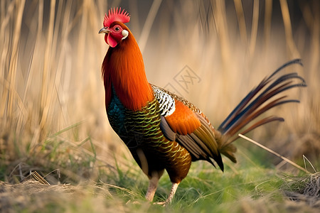 红冠彩色鸟儿立于草地上背景