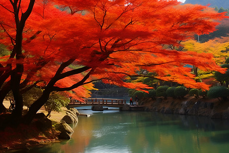 红叶倒映江中背景