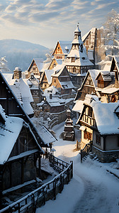屋顶的雪冬日乡村房屋背景