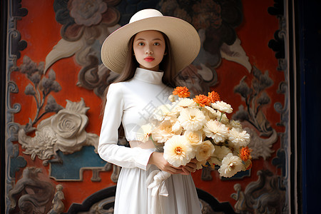 女士手持鲜花站在一面有画作的墙前高清图片