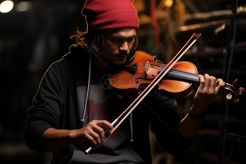 红色帽子男子弹奏小提琴图片
