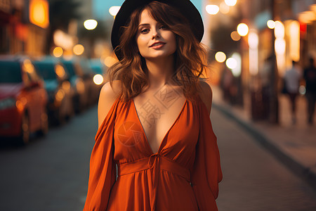 夜晚街头穿着橙色裙子的女孩背景图片