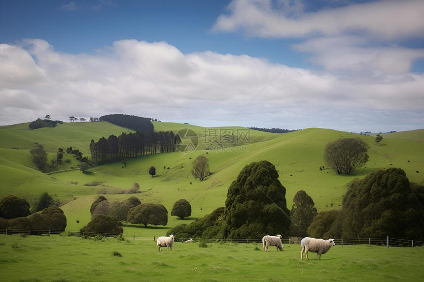羊群在绿色牧场上吃草图片