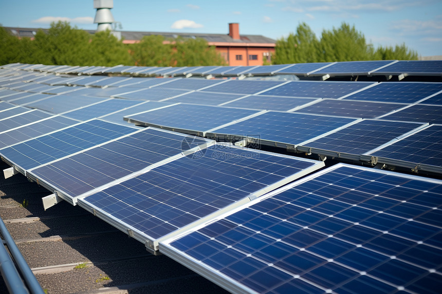 建筑屋顶上排列的一太阳能电池板图片