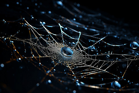 黑夜中的树黑夜中一张有水珠的蜘蛛网设计图片