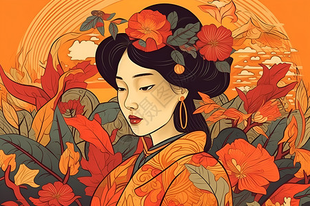 花鸟山水女子背景图片