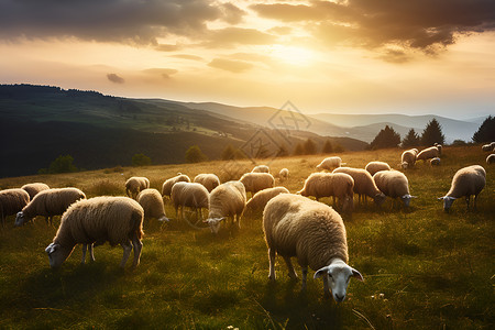 牛群羊群绿色山坡上吃草的牛群背景