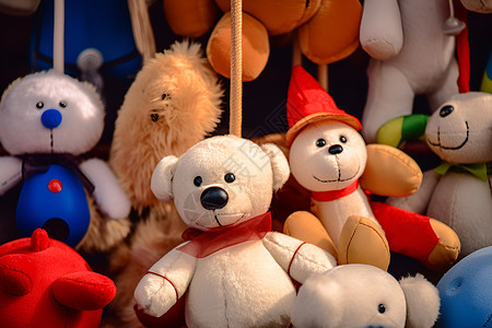 悬挂玩具架子上堆放的玩偶背景