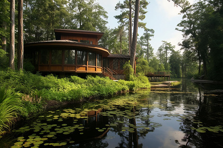 湖畔旁的建筑小屋背景图片