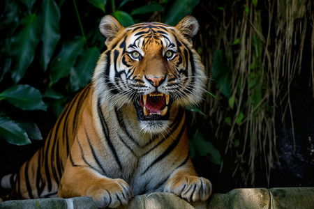 老虎张嘴丛林中的老虎背景