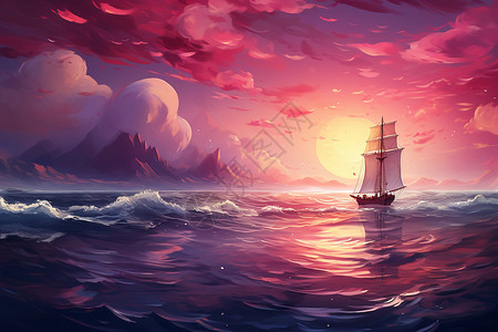 夕阳时海面上行驶的船只背景图片