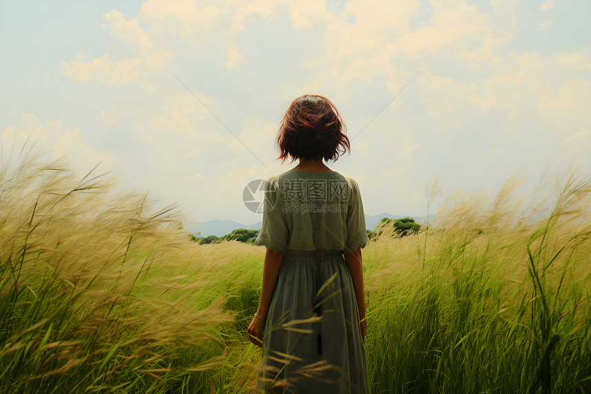 小女孩站在草地上图片