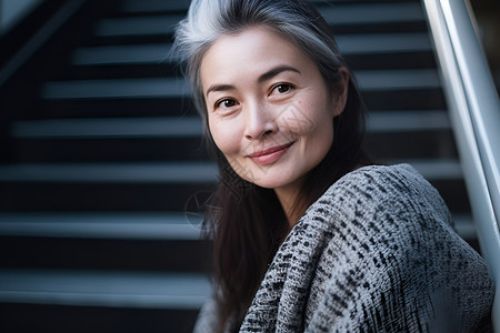 阶梯边微笑的女人背景图片