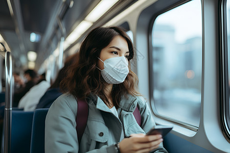 女子地铁上戴口罩图片素材