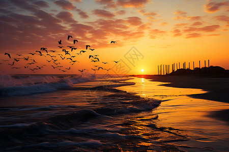 夕阳下的海滩背景图片