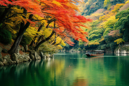 多裂鸡爪槭江边的红枫背景