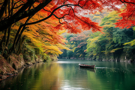 多裂鸡爪槭红叶与江上之舟背景