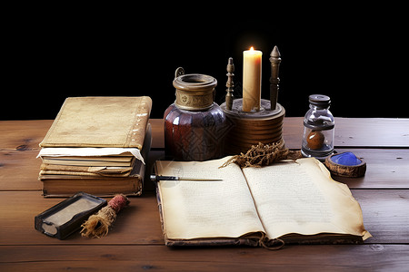 木桌上的书籍和蜡烛高清图片