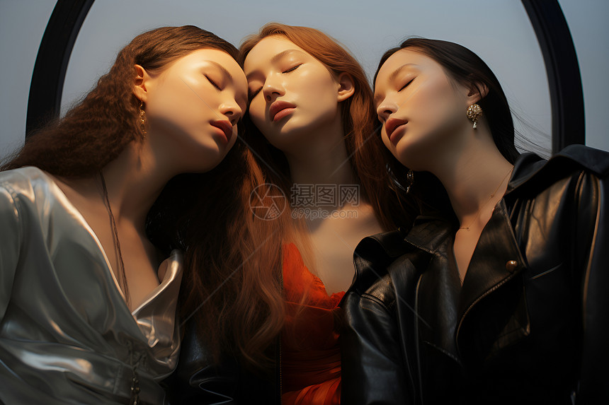 靠在一起睡觉的三个女人图片