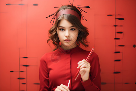 红衣少女手持笔背景图片