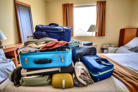 旅馆房间中堆满行李高清图片