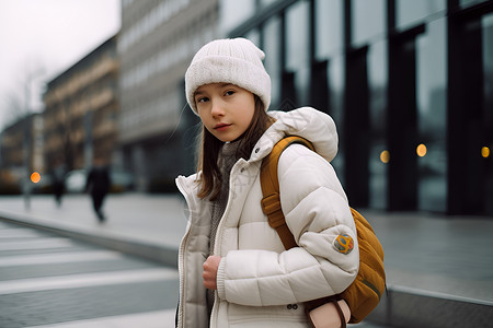 小女孩穿着白色羽绒服背景图片