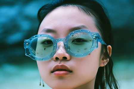 青年女性戴着蓝色眼镜背景图片