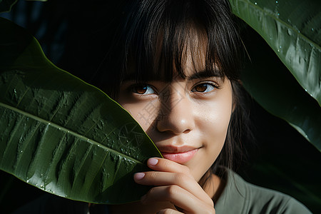 绿叶遮脸的女人背景图片