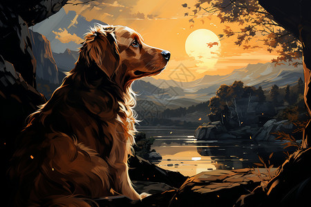 夕阳下的狗插图背景图片