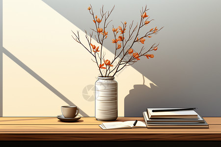 书桌上花瓶与咖啡背景图片