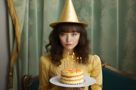 金色火焰戴着金色生日帽的女孩背景