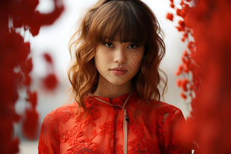 红色花丛中的女子背景图片