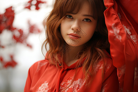 齐刘海的红衣美女背景图片