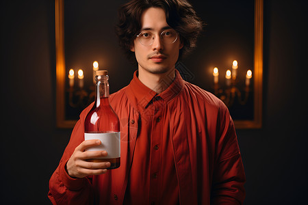 长袖衬衫的男士手持酒瓶背景图片