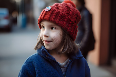 玫红色短发女孩戴着针织帽的小女孩背景