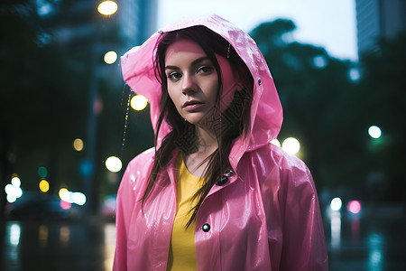 夜幕中的粉色雨衣女子背景图片