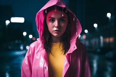 粉色雨衣的女子背景图片
