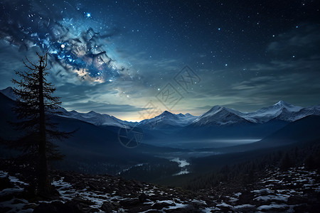 星空下的湖泊和山脉背景图片