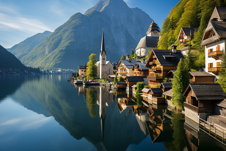 湖畔的山中村落背景